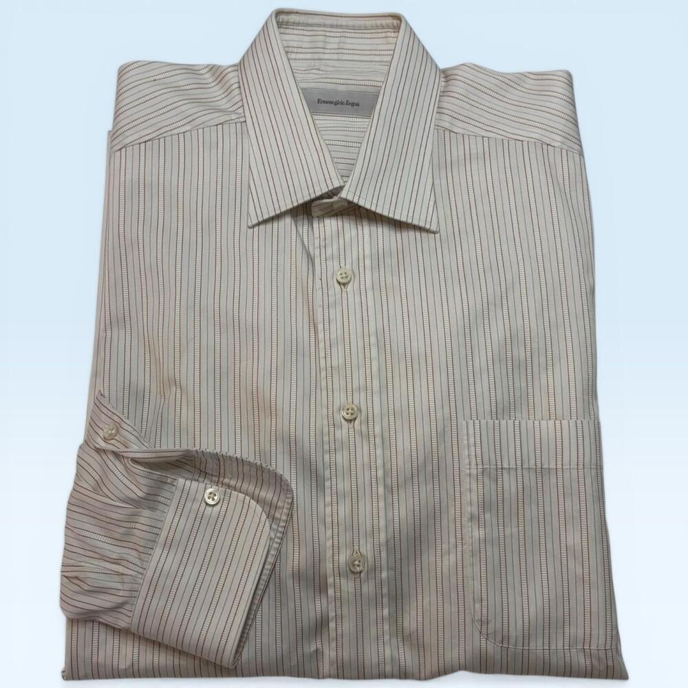Ermenegildo Zegna Shirt Mens 16.5 White Stripe Classic Fit Dress Long Sleeve
